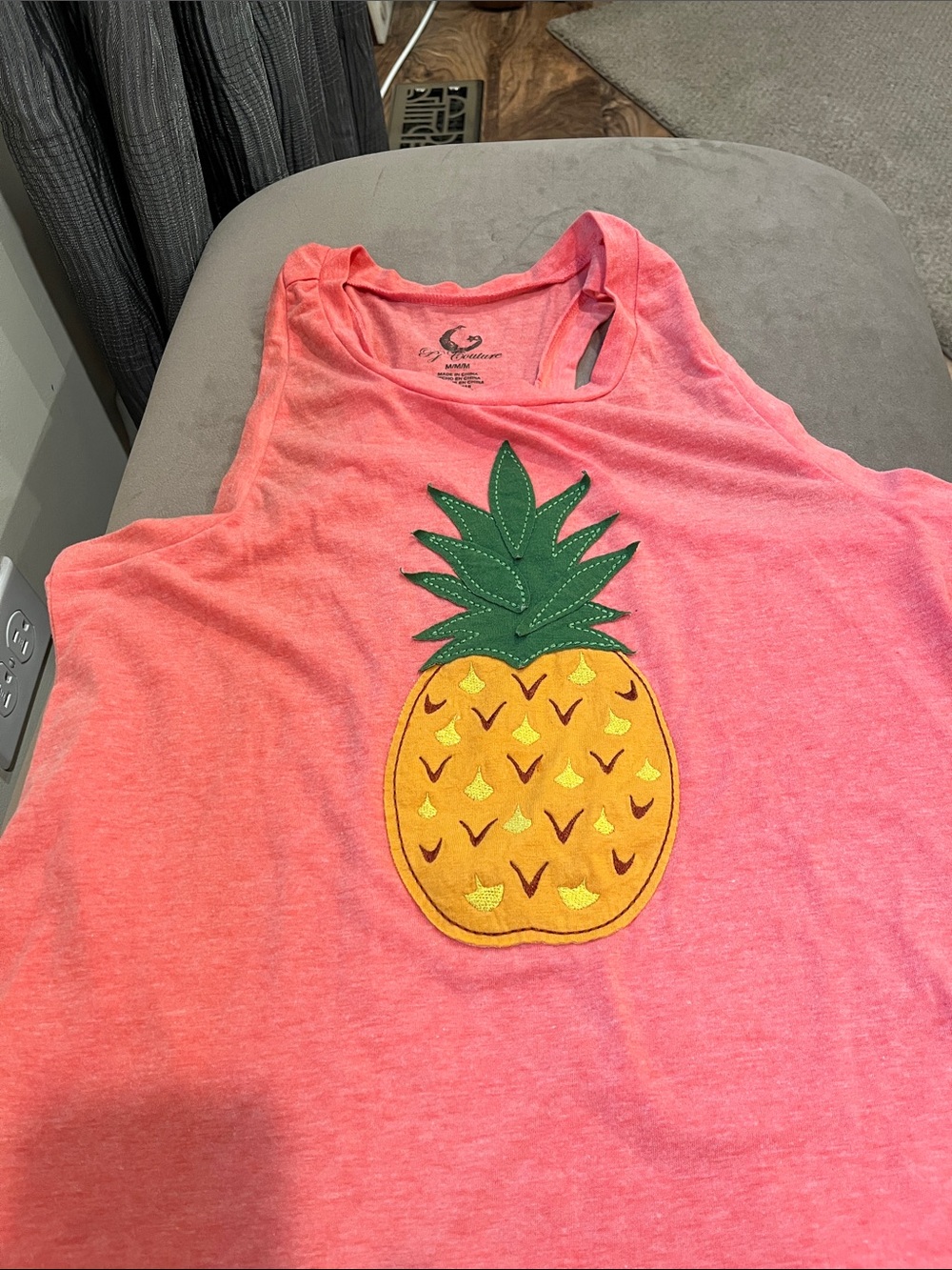 Pj Couture Coral Pink Tank Top with Pineapple Appliqué